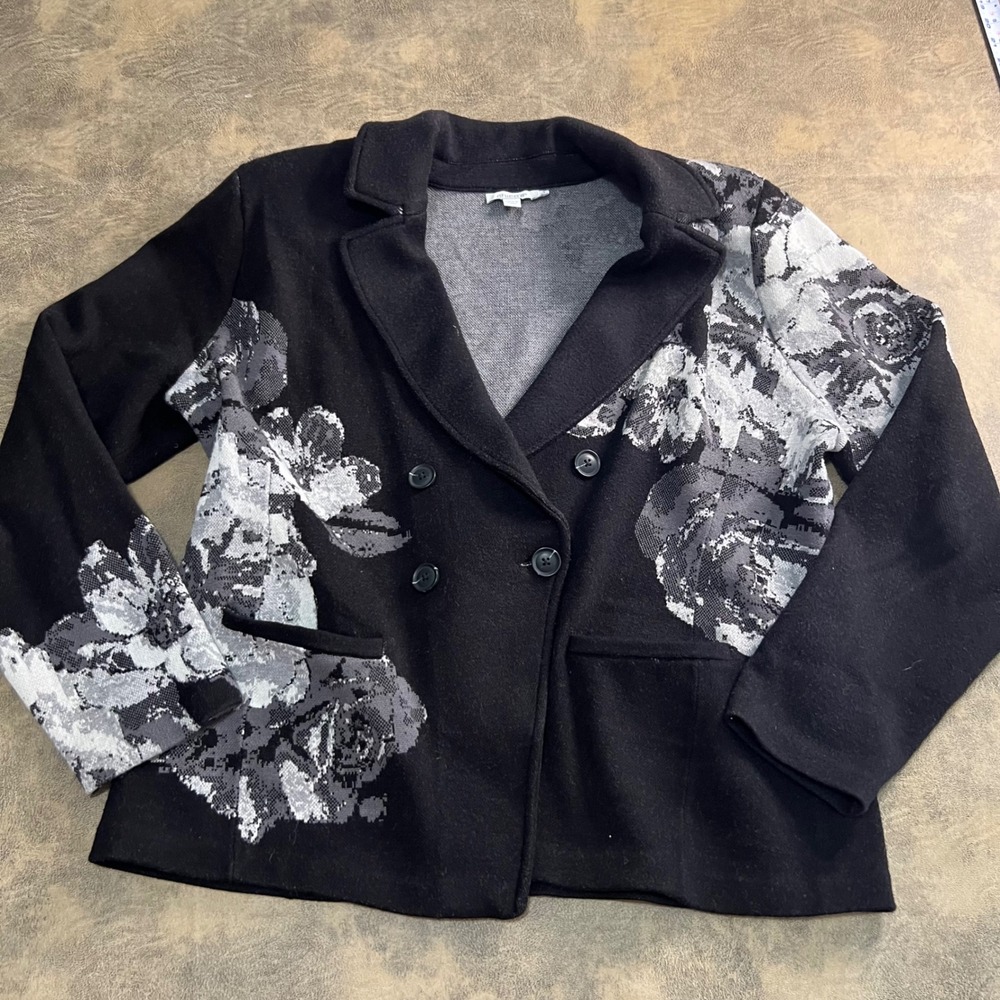 Chico's Knit Blazer Womens 3 XL Black Floral Double Breasted Cardigan 805929